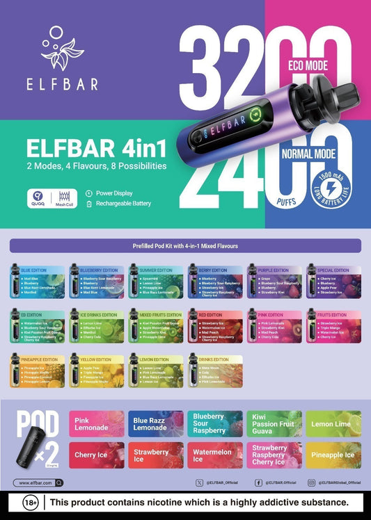 Elf Bar 4in1 3200 Prefilled Kits 1X5 Compliant