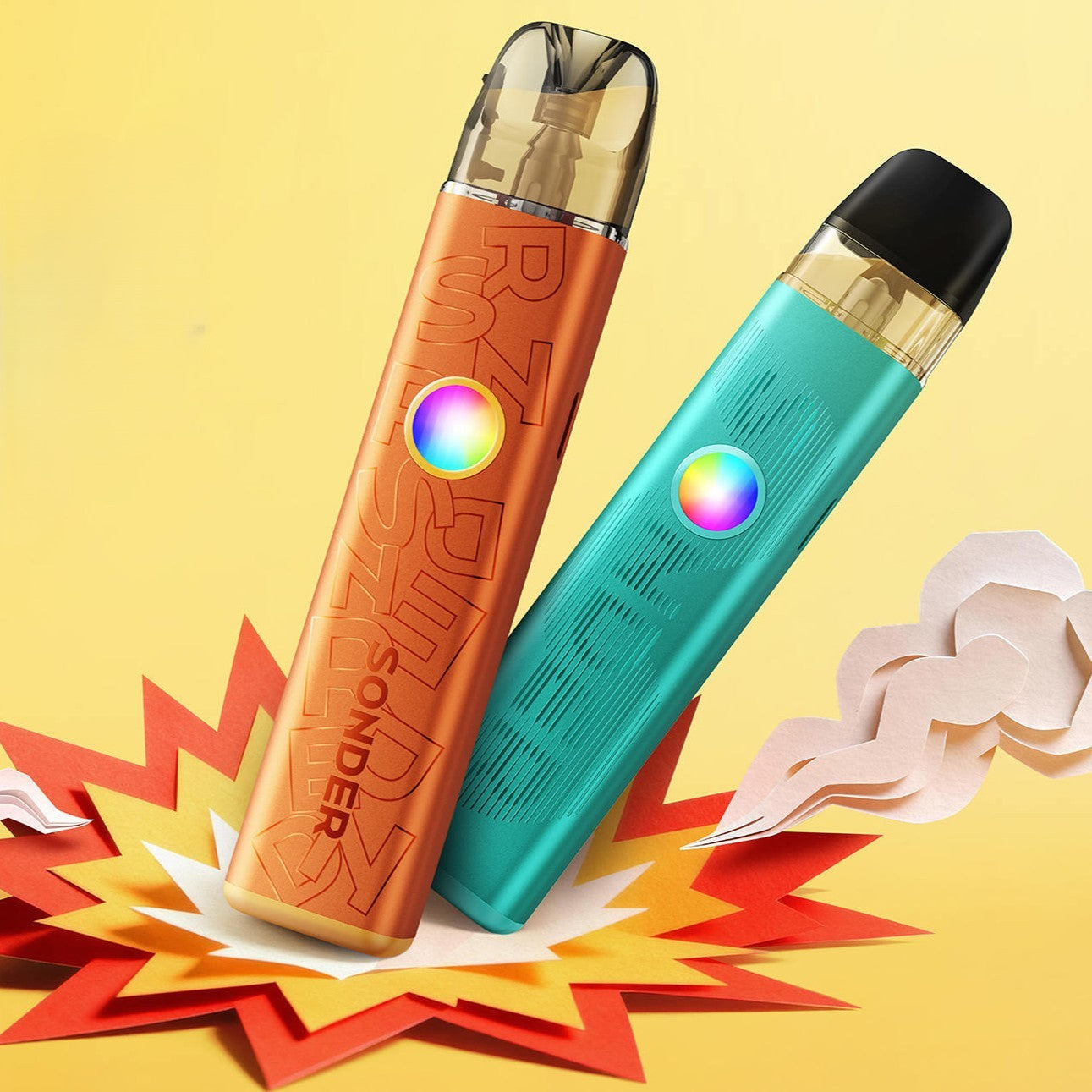 Two GeekVape Sonder Q3 pod kits, orange and teal, each with a multicolour RGB glow ring